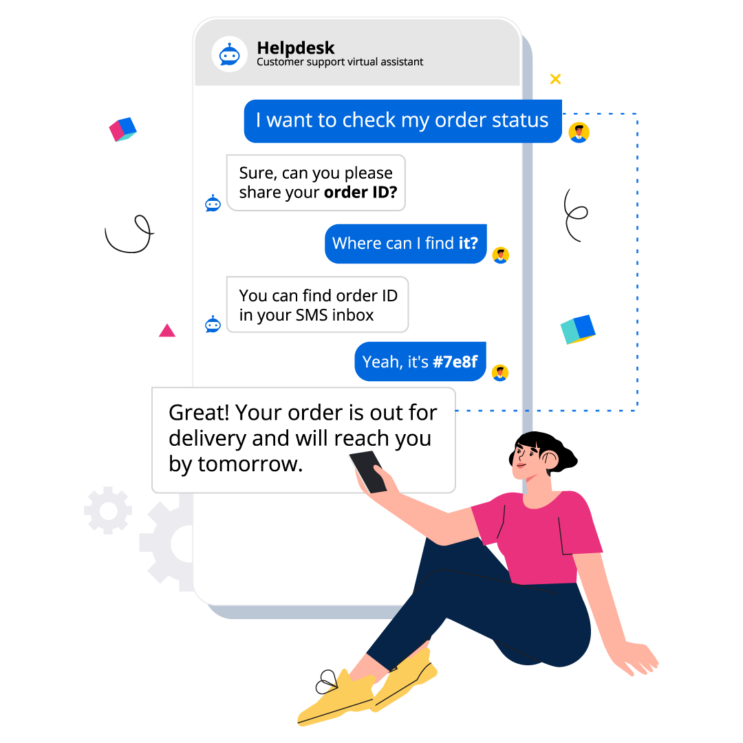 Illustration of a person interacting with an AI chatbot on a smartphone helpdesk. The chat displays the person checking their order status by sharing an order ID and receiving information that their order is out for delivery and will arrive tomorrow.