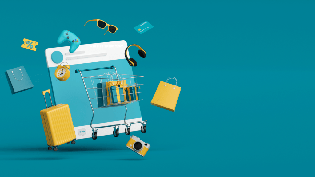 Digital illustration of online shopping concept: Purchase items such as a suitcase, sunglasses, gift-wrapped boxes, and a shopping cart with boxes. Credit cards float around a large smartphone displaying an e-commerce website storefront, with a blue background.