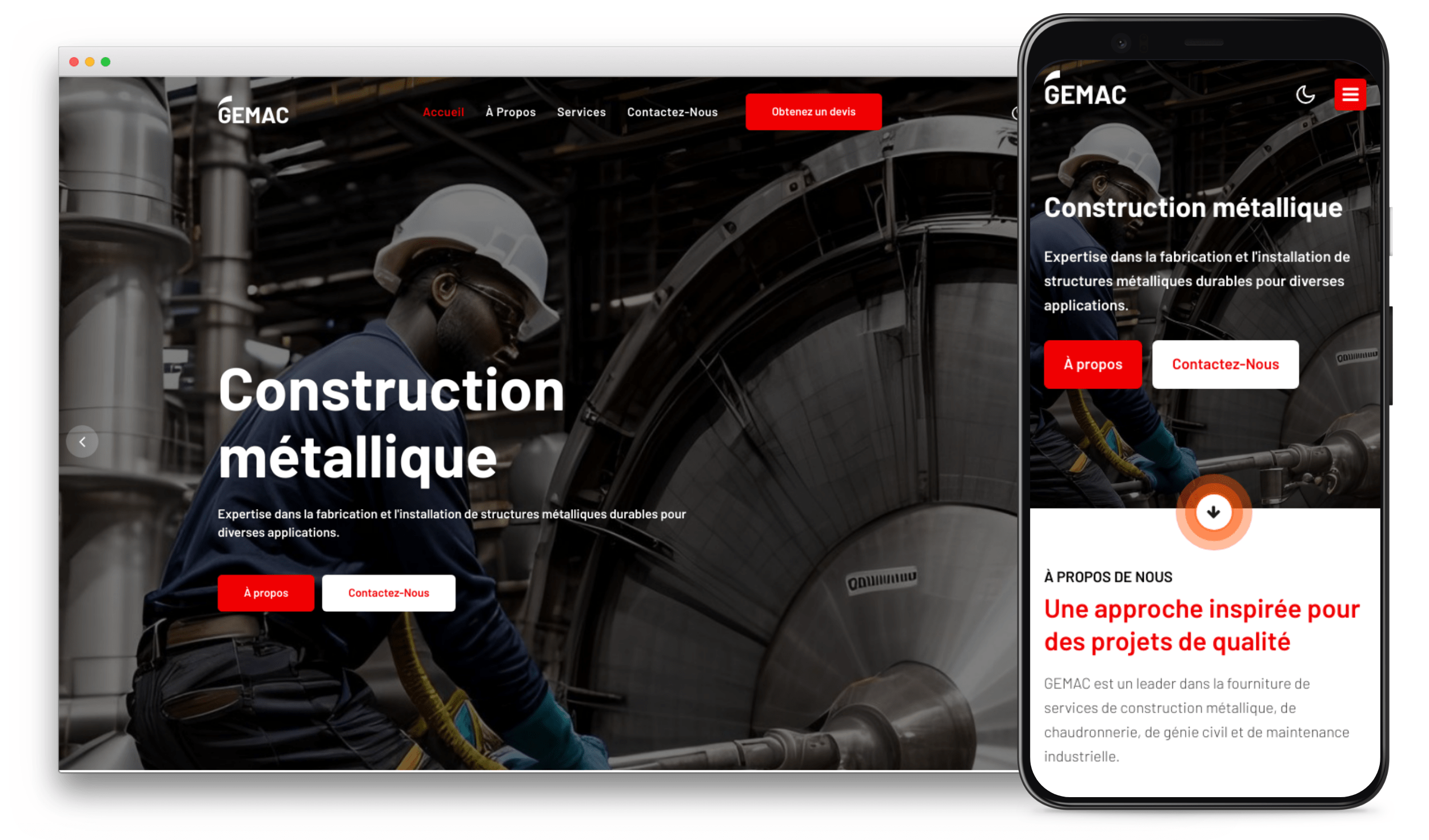 A desktop and mobile view of the GEMAC website, designed by Weblim, showcases a worker in safety gear against a backdrop of metallic industrial machinery. The website menu includes sections like "À propos," "Services," and "Contactez-Nous," with prominent red buttons labeled "Contactez-Nous.