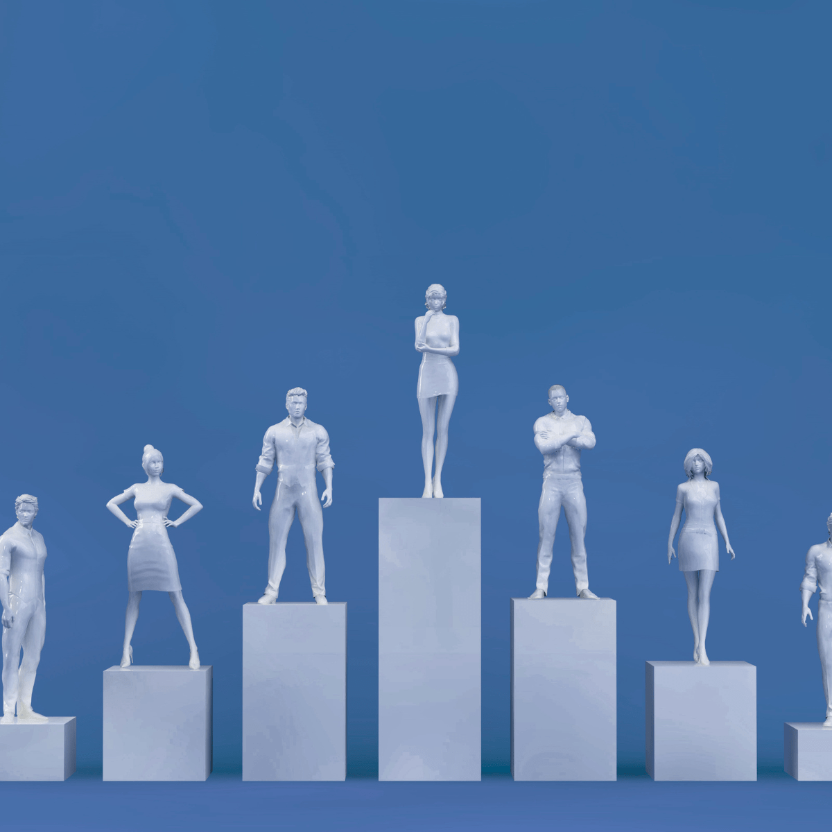 A group of white sculptures of people stand on varying heights of rectangular pedestals against a solid blue background. The central tallest pedestal holds a figure with crossed arms, while other figures stand or pose on the shorter pedestals.