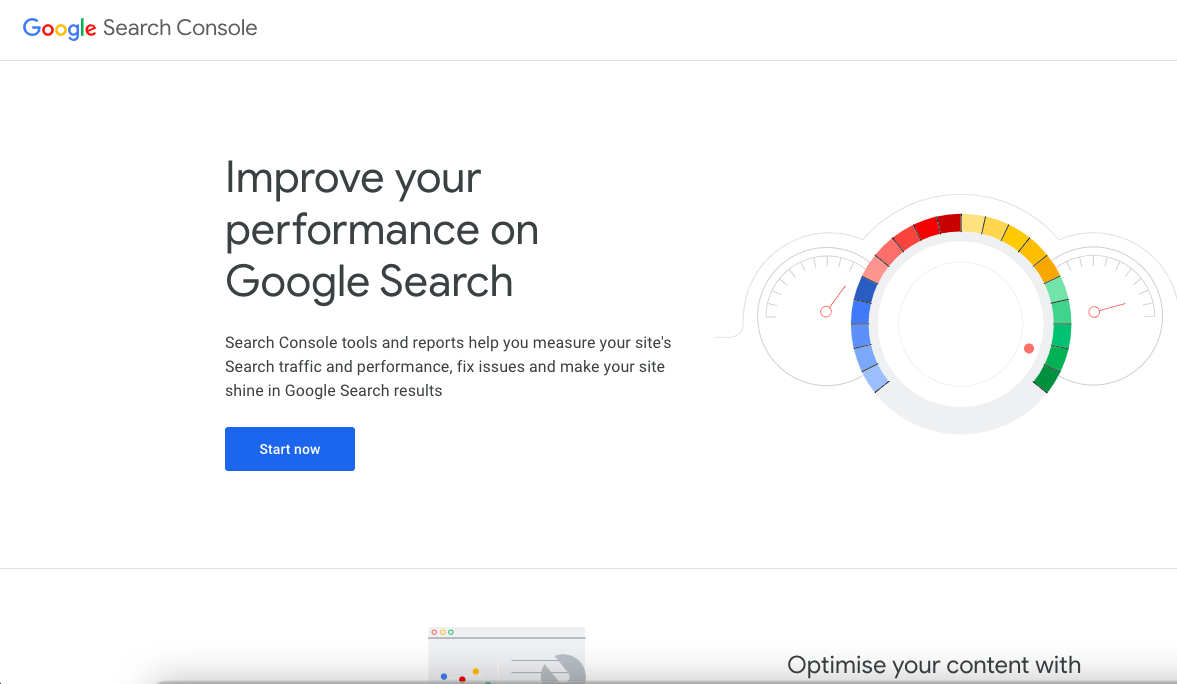 Google Search Console interface with text "Improve your performance on Google Search" accompanied by a colorful speedometer graphic. Below the text, there is a blue button labeled "Start now." The interface is clean and predominantly white.