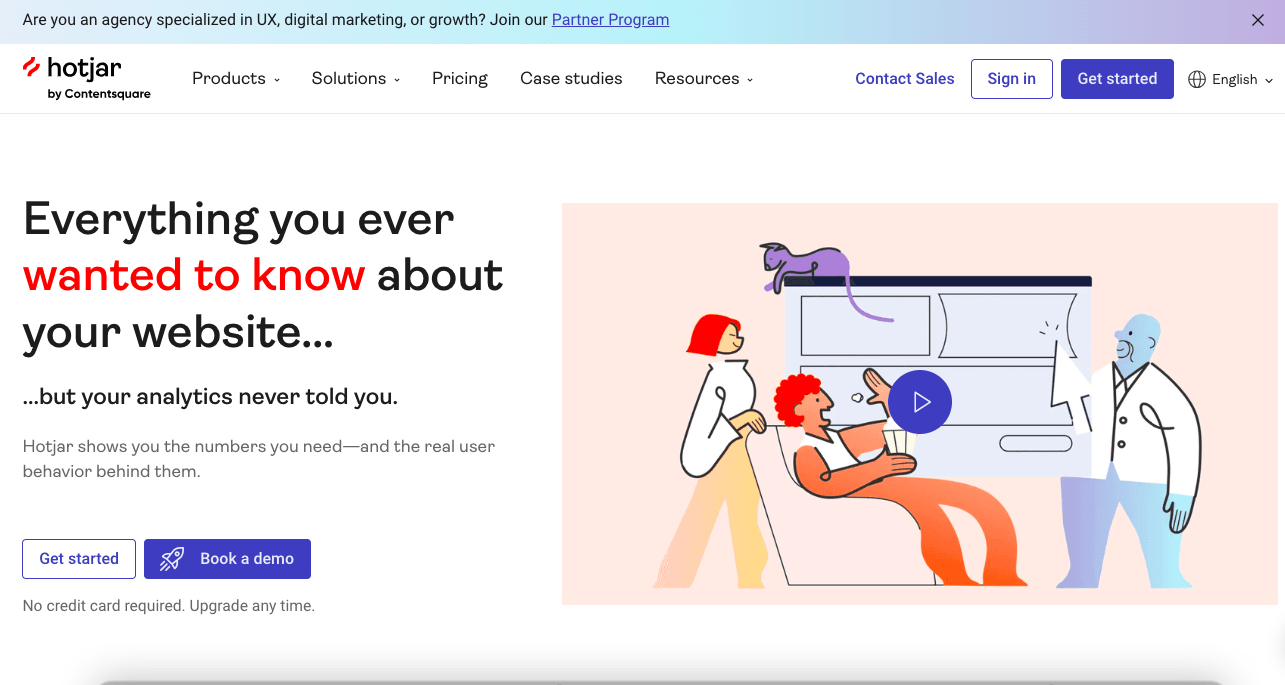 A webpage for Hotjar, featuring a headline "Everything you ever wanted to know about your website... but your analytics never told you." An illustration shows a person on a sofa with a laptop, interacting with another person holding a clipboard. The right corner has "Sign in" and "Get Started" buttons.