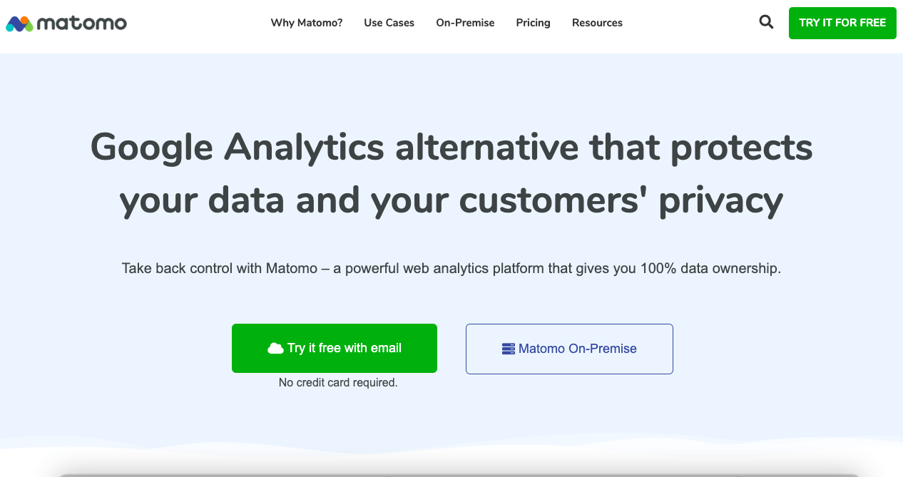 Screenshot of the Matomo website homepage. The page headline reads, "Google Analytics alternative that protects your data and your customers' privacy." Two buttons below offer options to "Try it free with email" and "Matomo On-Premise." The Matomo logo is at the top left.