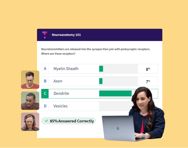 A woman is seated at a computer, with a quiz about neurotransmitters and synapses from Weblim displayed. Options include Myelin Sheath, Axon, Dendrite, and Vesicles. The correct answer, Dendrite, is highlighted. Three small images of people reacting are shown on the left.