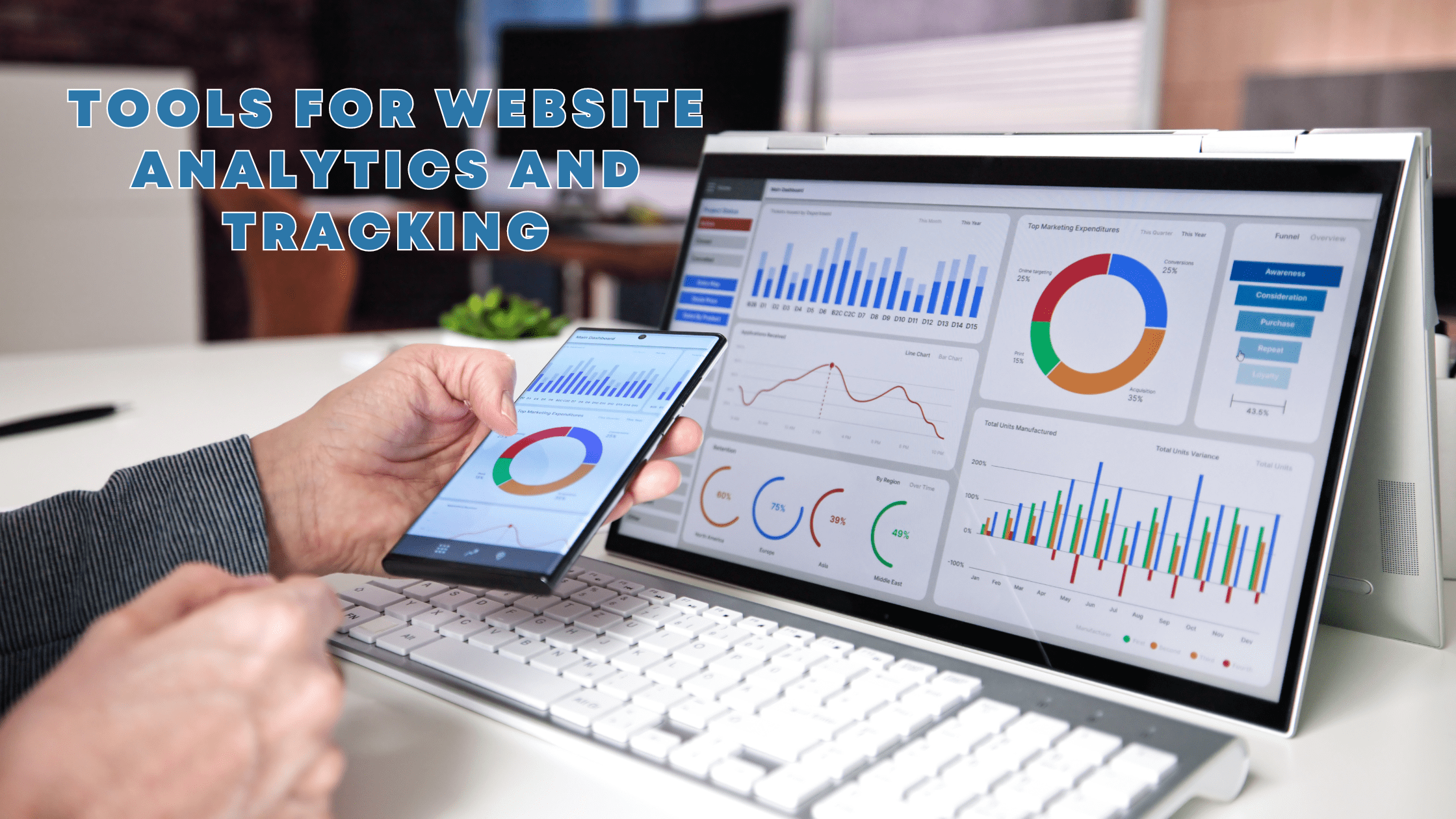 A person using a smartphone and a desktop computer, displaying various graphs and charts related to website analytics and tracking. Text overlay reads "Tools for Website Analytics and Tracking." The person is working with both devices simultaneously.