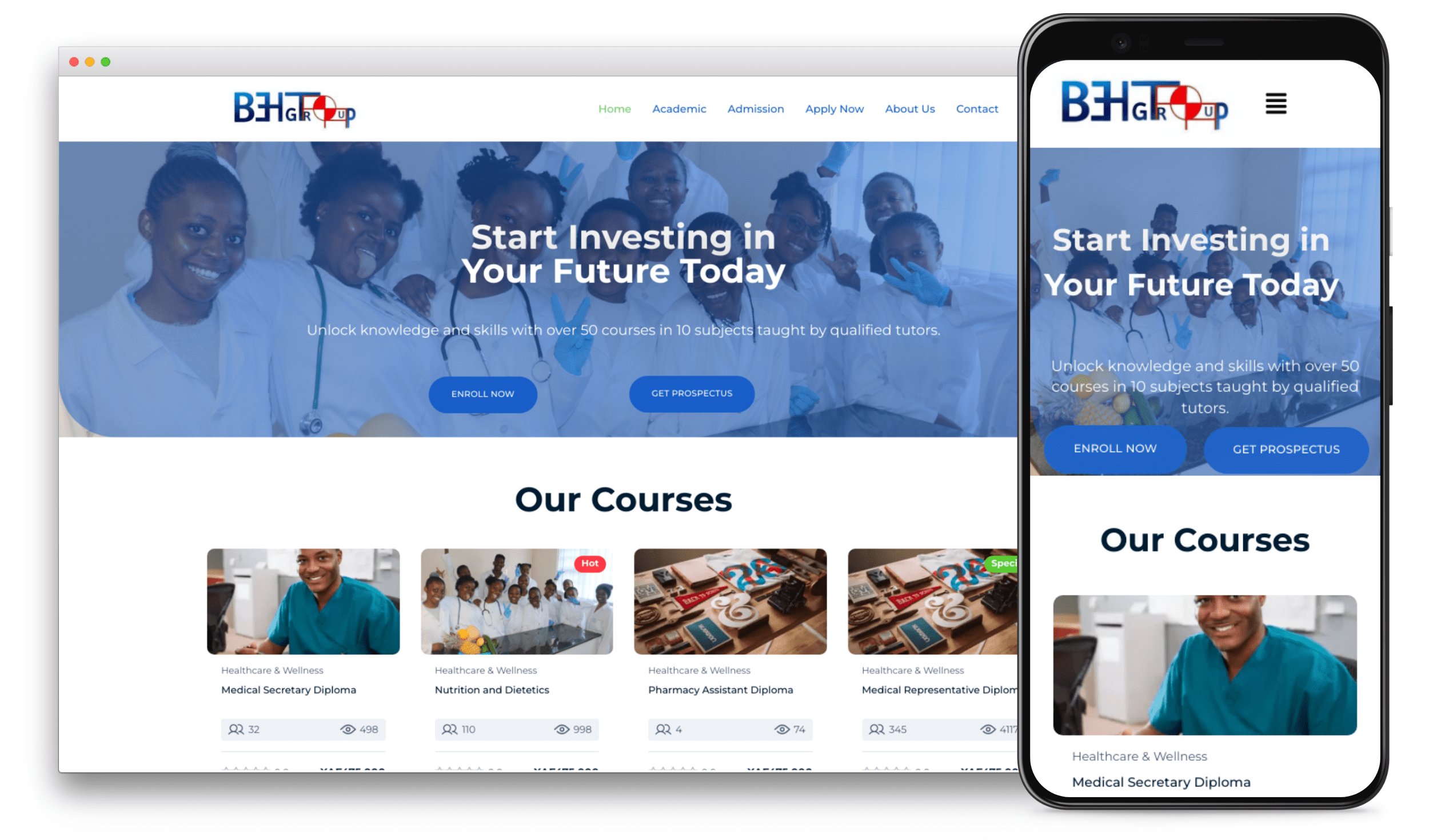 A computer screen and a smartphone display the BH Group's weblim responsive website. The site showcases educational courses, with tabs for Home, Academic, Admission, and more. The main banner reads "Start Investing in Your Future Today," and below are various available courses.