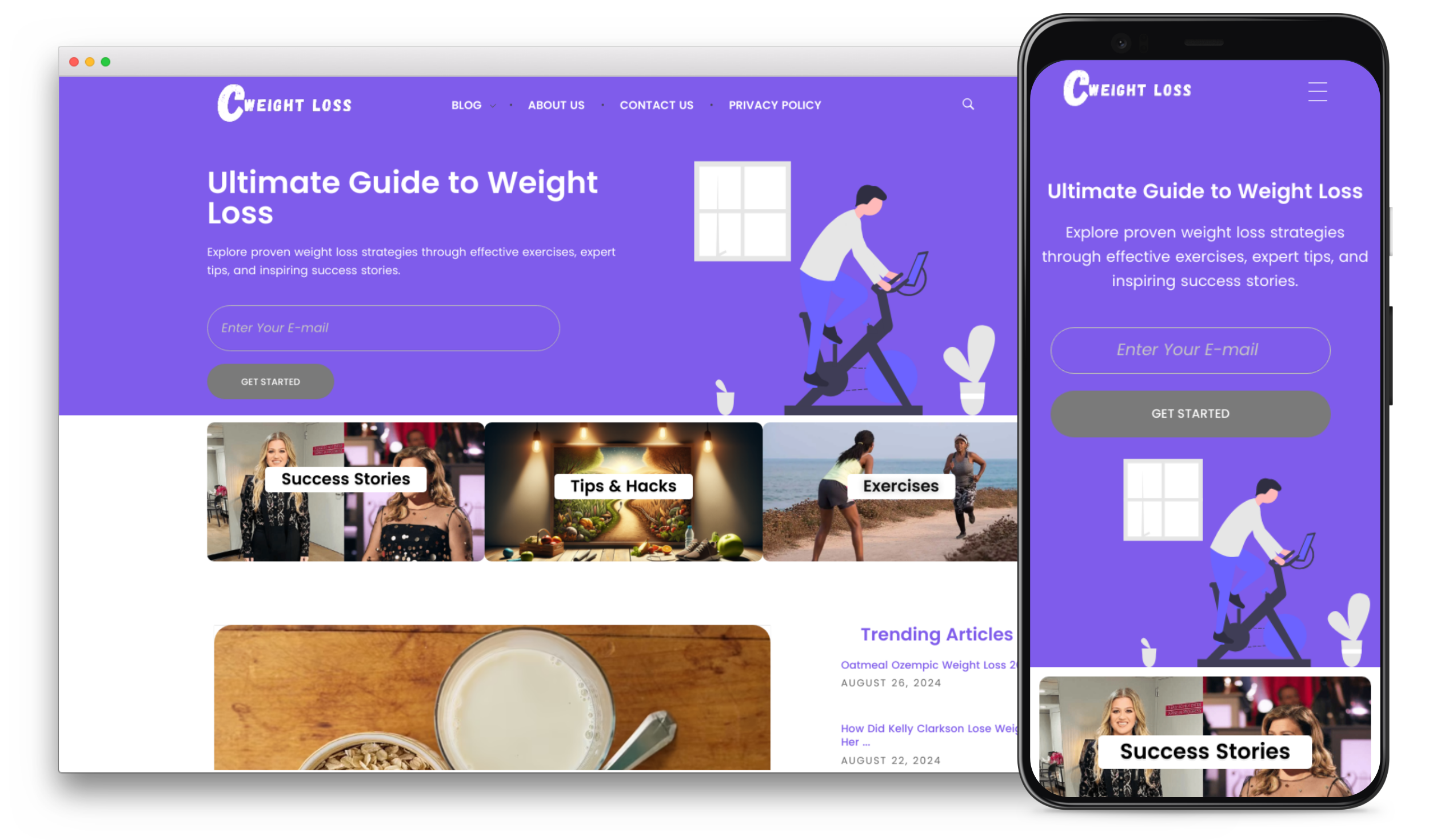 A website and mobile app for a weight loss guide, featuring a purple theme. The homepage displays sections like "Success Stories," "Tips & Hacks," and "Exercises." A call-to-action button says "Get Started," with an email signup form prominently visible on both screens to work towards your goals.