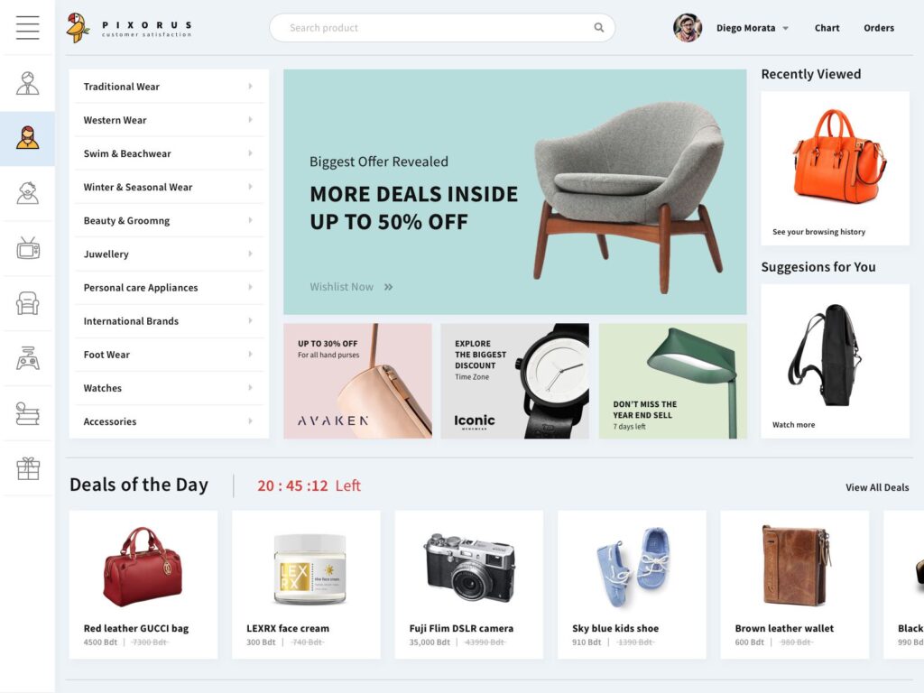 A sleek online shopping website interface displays categories like "Western Wear," "Beauty & Grooming," and "Electronics." The main banner advertises up to 50% off with a chair image. Side sections show Recently Viewed items, Deals of the Day, and additional services to enhance your shopping experience.