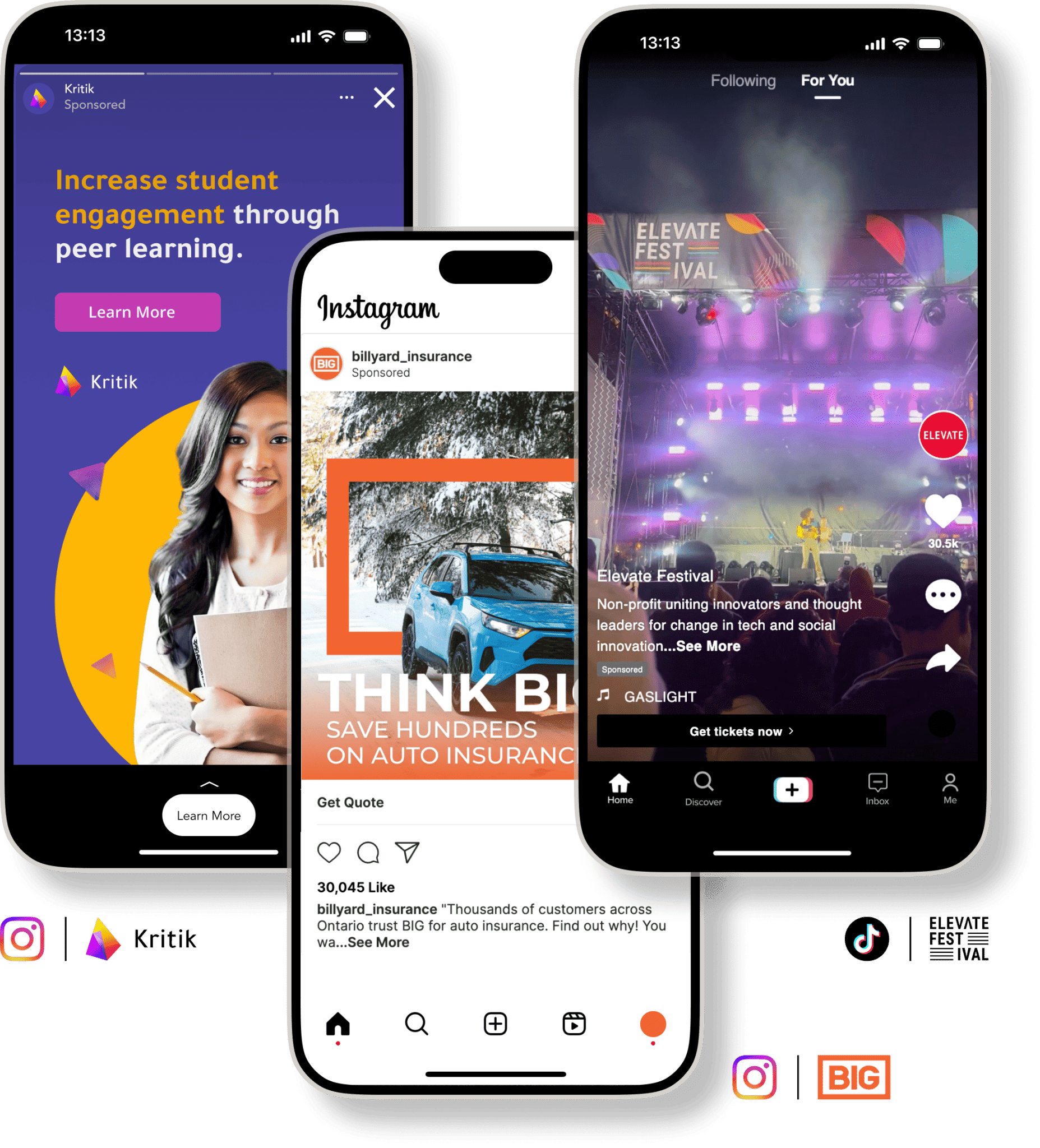 An image of three smartphones. The first shows a Kritikl ad about increasing student engagement, the second has an Instagram post about auto insurance savings services, and the third features a TikTok post of a live concert promoting "Elevate Festival." Logos of Kritikl, Instagram, and TikTok are also visible.