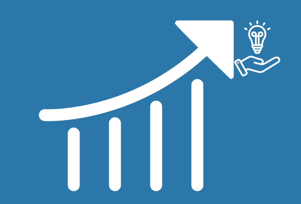 A graph with four ascending bars and an upward-pointing arrow curving above them, symbolizing growth in search engine rankings. To the right of the arrow's tip is an icon of a hand holding a light bulb, representing innovation or a new idea. The background is blue.