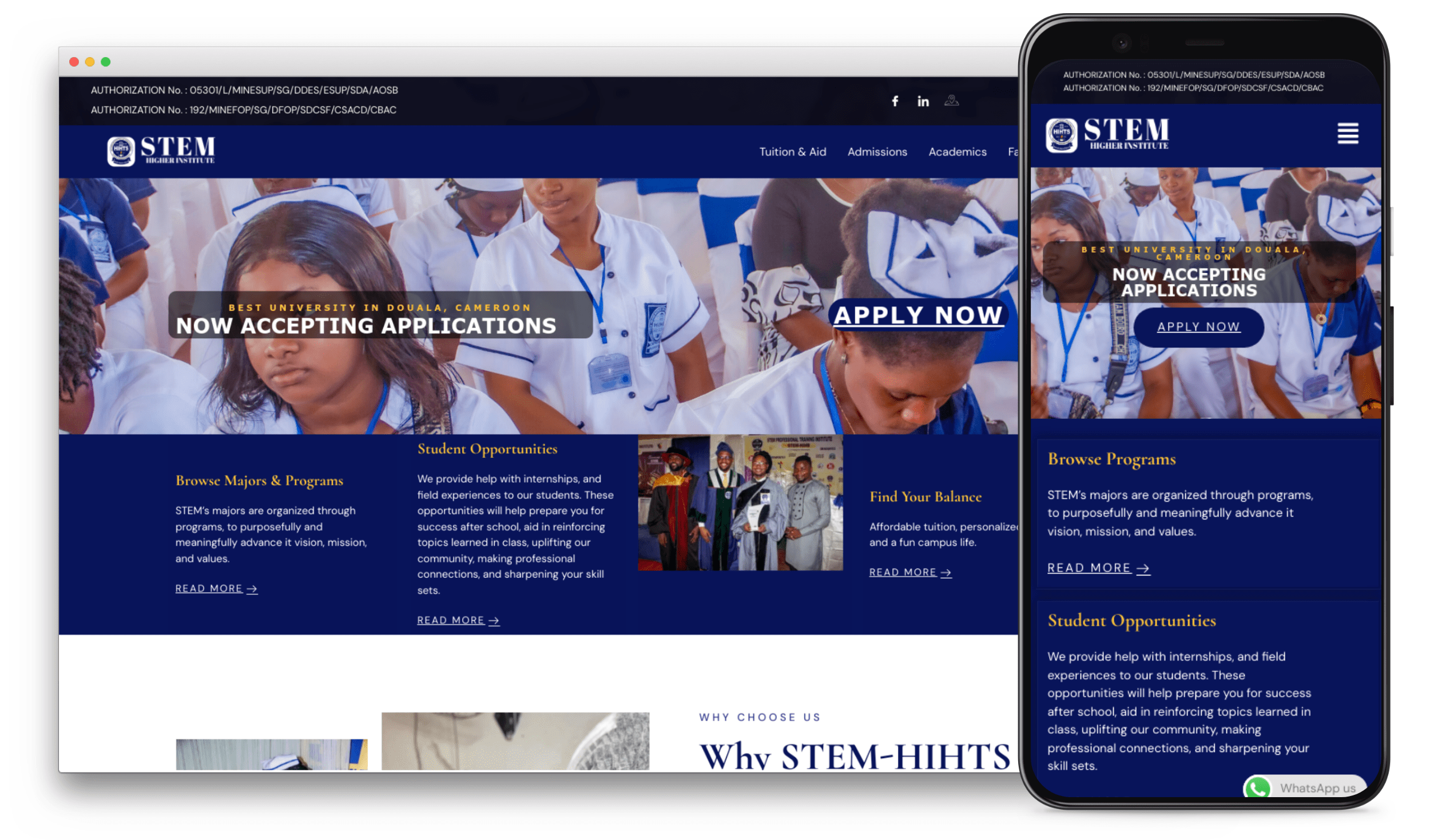 A website displayed on a desktop screen and a smartphone. The site, powered by Weblim, features banners that read "Now Accepting Applications" and "Best University in Douala, Cameroon". It includes sections on student opportunities, programs, and student life.