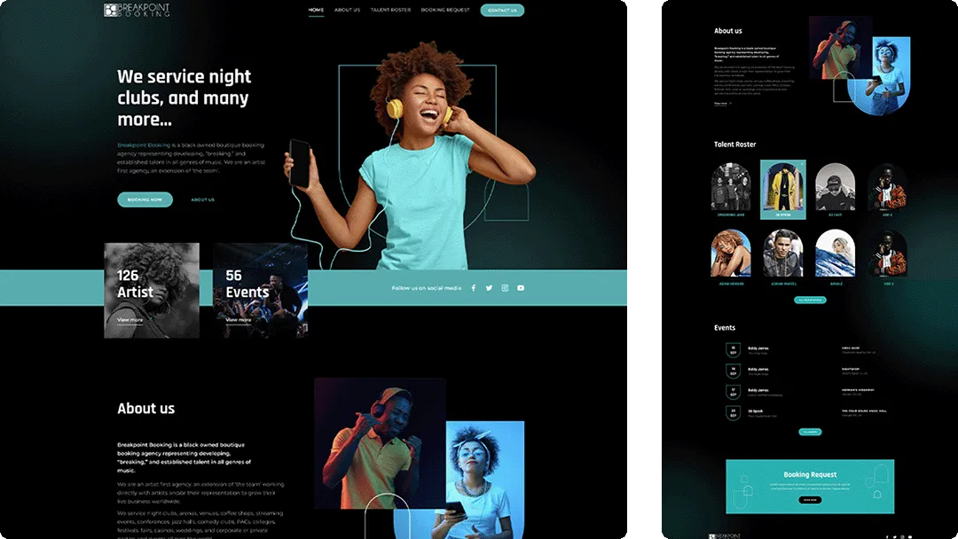 A modern website created by a web design agency showcases vibrant images, including a joyful person wearing headphones. The site highlights sections: "About Us," "Talent Roster," and "Events." An event list, social media links, and a booking request form are also visible.