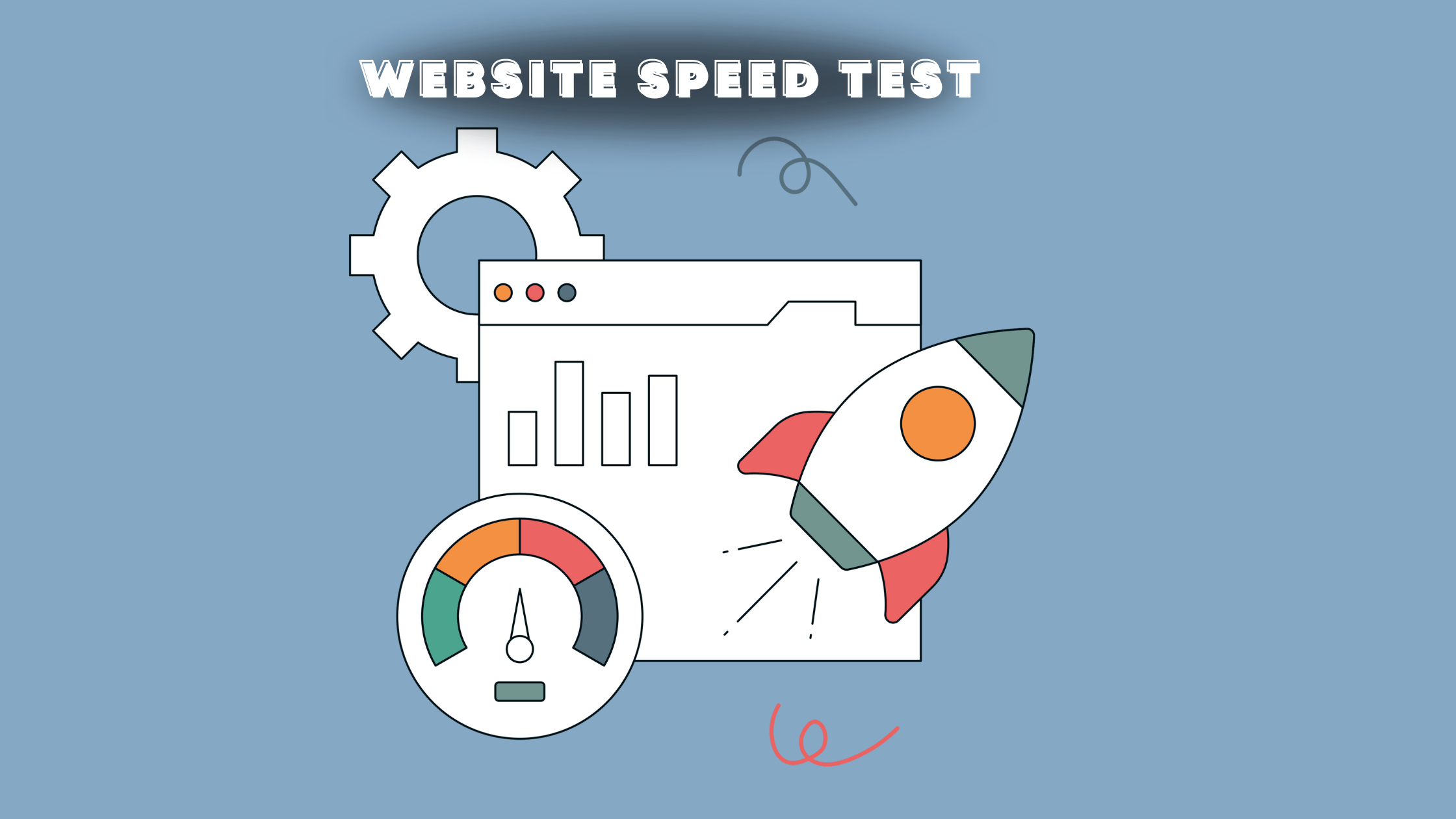 Illustration of a website speed test concept. Includes a browser window with bar graphs, a rocket, a speedometer, and a cogwheel on a blue background with the title "Optimize Your WordPress Website Speed Test" at the top.