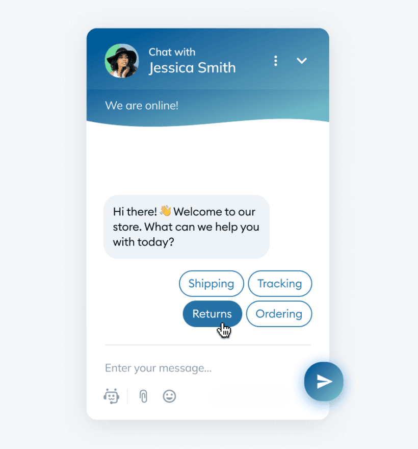 A screenshot of an online chat window titled "Chat with Jessica Smith." The chat window is displaying a greeting message offering help with shipping, tracking, returns, orders, and other services. The user selects the "Returns" option. The chat input field is visible at the bottom.
