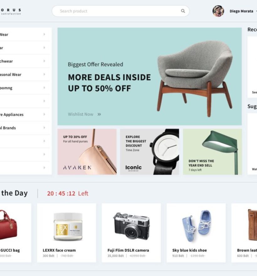 A sleek online shopping website interface displays categories like "Western Wear," "Beauty & Grooming," and "Electronics." The main banner advertises up to 50% off with a chair image. Side sections show Recently Viewed items, Deals of the Day, and additional services to enhance your shopping experience.