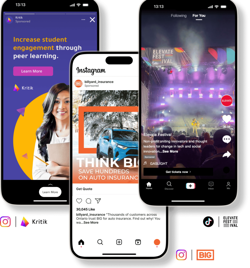 An image of three smartphones. The first shows a Kritikl ad about increasing student engagement, the second has an Instagram post about auto insurance savings services, and the third features a TikTok post of a live concert promoting "Elevate Festival." Logos of Kritikl, Instagram, and TikTok are also visible.